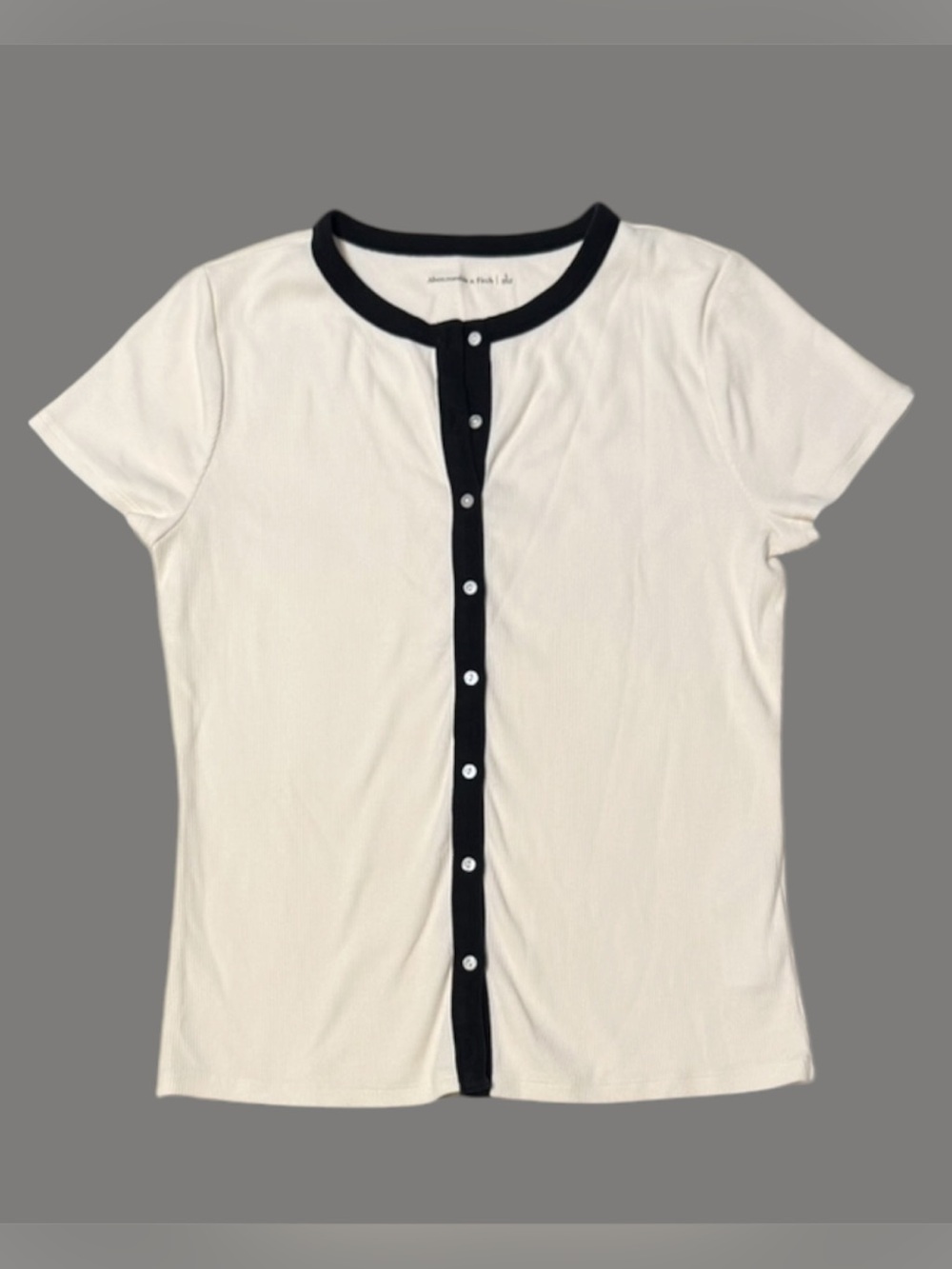 Abercrombie & Fitch Cream Short Sleeve Button-Front Ribbed Top Black Trim Large